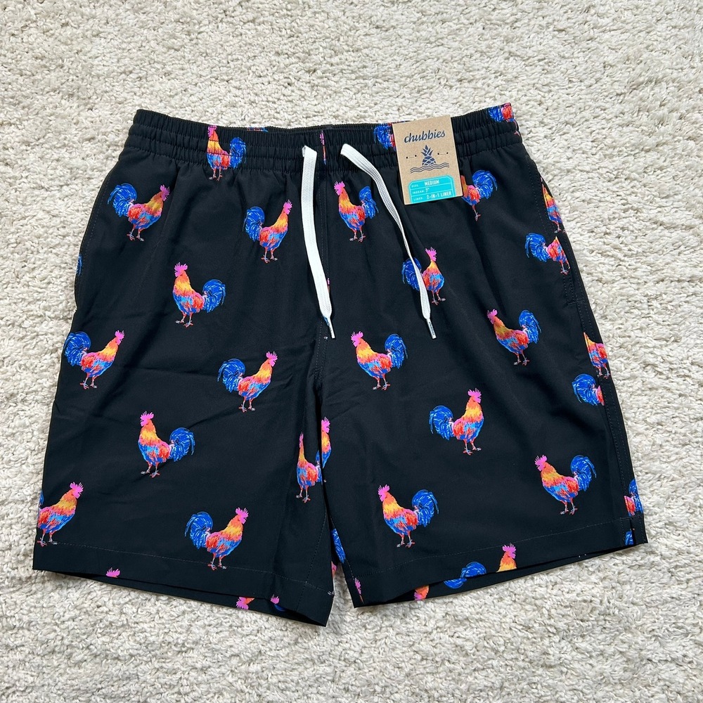 Chubbies Swim Trunks Medium Black Cockadoodle Doozies 7" Inseam 2-in-1 Liner New
